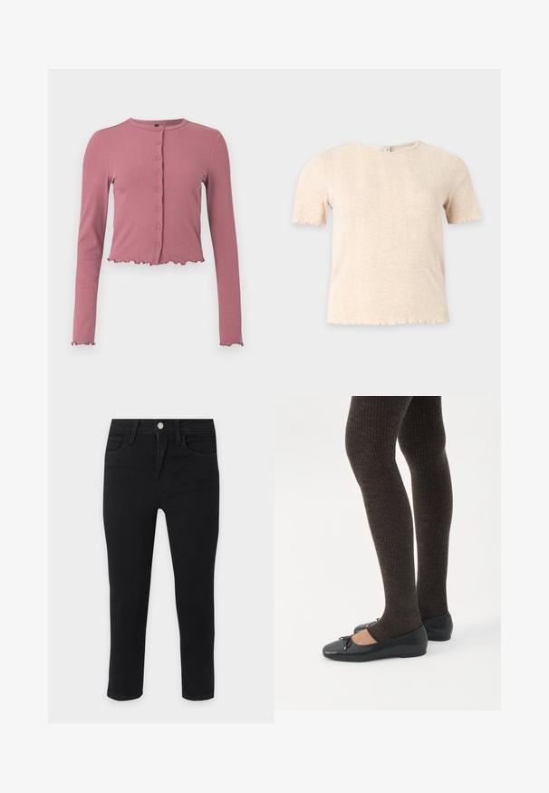 Cardigan court côtelé en mauve avec manches longues, col rond et fermeture à boutons. Présente un ourlet ondulé au niveau des poignets et en bas.; Haut tricoté beige à manches courtes avec col rond et motif côtelé vertical discret, sur fond uni gris clair.; Jean slim noir avec poches avant, passants de ceinture et fermeture par bouton sur un fond gris clair.; Jambes portant des leggings côtelés foncés associés à des ballerines noires avec de petits détails en nœud sur fond blanc.