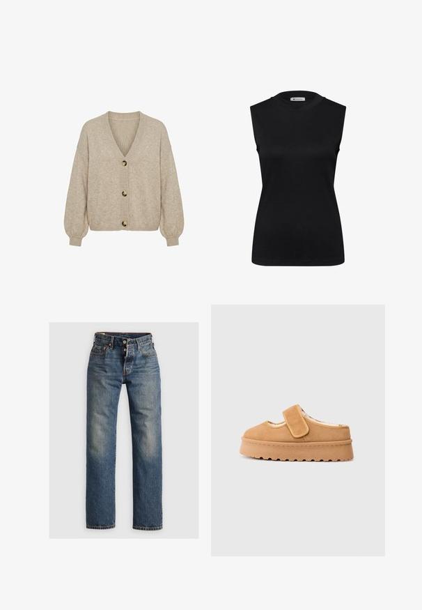 Beige gebreid vest met V-hals, lange ballonmouwen, geribde boorden en zoom, en drie grote ronde knopen aan de voorkant.; Zwarte mouwloze tanktop met een ronde hals, slim fit en gladde katoenen stof, frontaal weergegeven tegen een effen witte achtergrond.; Blauwe spijkerbroek met een recht model, voorzien van zichtbare stiksels, een ritssluiting en vijf zakken. Vervaagde gedeelten bieden textuur.; Bruine suedine instapschoen met een klittenbandsluiting, ronde neus en dikke plateauzool met een gestructureerde rubberen loopvlak.