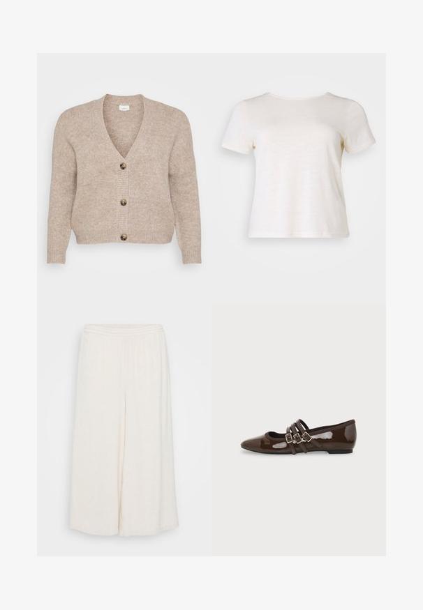 Beige gebreide cardigan met een V-hals, vijf bruine knopen aan de voorkant en geribbelde manchetten. Zachte textuur met een ontspannen pasvorm.; Crème kleurige t-shirt met korte mouwen en ronde hals, gemaakt van zacht materiaal, met een gladde textuur en een losse pasvorm.; Witte linnen culottes met een elastische taille, brede benen en een textuur. Het kledingstuk heeft een losse, ontspannen pasvorm voor comfort.; Bruine lakleren platte schoen met puntige neus en drie verstelbare gespen aan de zijkant, gezien vanaf de buitenkant.