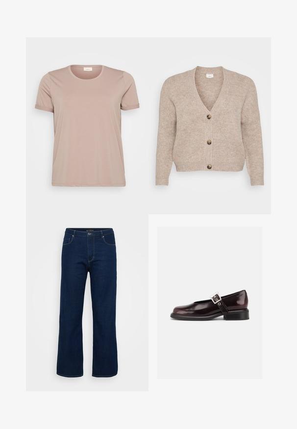Beige gebreide cardigan met een V-hals, vijf bruine knopen aan de voorkant en geribbelde manchetten. Zachte textuur met een ontspannen pasvorm.; Lichtroze T-shirt met korte mouwen, een ronde halslijn en opgerolde mouwen, gemaakt van een gladde, zachte stof. Geen zichtbare patronen of accenten.; Donkerblauwe denim jeans met een rechte snit, voorzien van een ritsgulp, vijf zakken en zichtbare stikseldetails.; Enkele glanzende donker bordeauxrode Mary Jane schoen met brede band en zilveren gesp, lage blokhak en afgeronde neus op witte achtergrond.