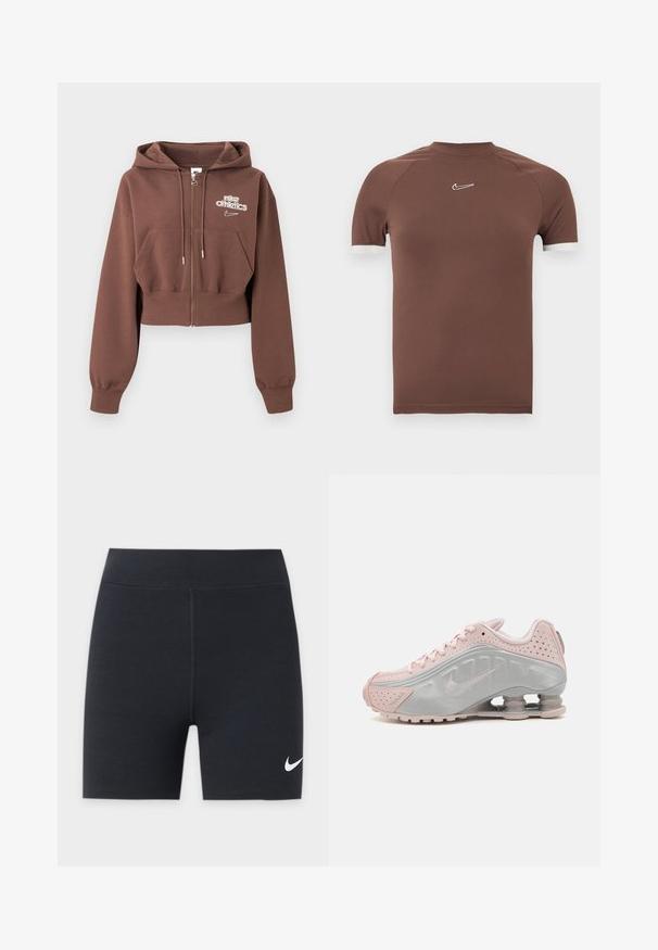 Pruun lühike lukuga kapuutsiga pusa, millel on kapuuts, esitaskud, paelad ja valge "nike athletics" logo vasakul rinnal.; Pruun lühikeste varrukatega särk, mis on valmistatud siidisest kangast, millel on kõrge kaelus ja valged aktsendid varrukaotsadel ning väike logo rinnal.; Mustad sportlikud lühikesed püksid valge Nike swoosh logo ja alumisel vasakul jalal, kõrge vöökohaga ja keskmise eesmise õmblusega.; Nike spordijalatsid hõbedase ja roosa kujundusega; sünteetiline pealis, auguline tekstuur, nähtav pehmendusüsteem ja ümar varvaste kuju.