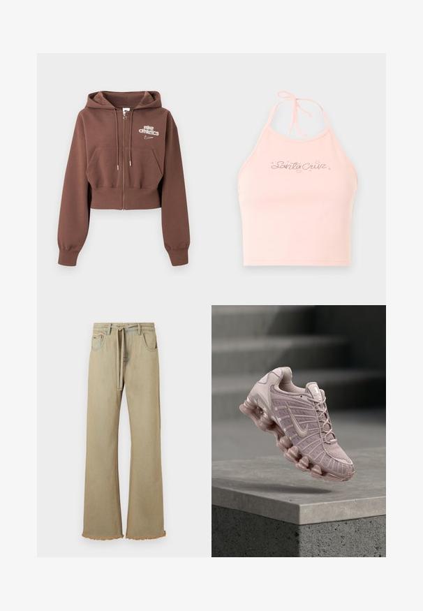 Bruine korte zip-up hoodie met capuchon, voorzakken, trekkoorden en wit "nike athletics"-logo op de linkerborst.; Lichtroze haltertop met een striksluiting in de nek en "Santa Cruz"-tekst versierd met kleine sterontwerpen op de borst.; Beige wijde jeans met een rafelige zoom, gemaakt van denim, voorzien van een riem en vier zakken. Gladde textuur met zichtbare stikdetails.; Nike Air Max schoenen in lichtroze, met een bovenwerk van mesh, een gewatteerde tong en een chunky, transparante zool met een golfpatroon.