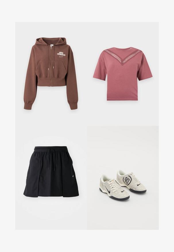 Hnedá skrátená mikina na zips s kapucňou, prednými vreckami, šnúrkami a bielym logom "nike athletics" na ľavej strane hrudníka.; Tričko s krátkym rukávom v prachovej ružovej farbe s čipkovaným detailom v tvare V cez hruď a okrúhlym výstrihom na jednoliatom pozadí.; Čierna športová sukňa s elastickým pásom a nastaviteľnou šnúrkou. Obsahuje bočné rozparky, ľahkú látku a malú nášivku na leme.; Nike tenisky s béžovým a šedým štruktúrovaným zvrškom, čiernymi akcentmi, veľkým logom "90" a bielym šnurovaním. Čierna podrážka.