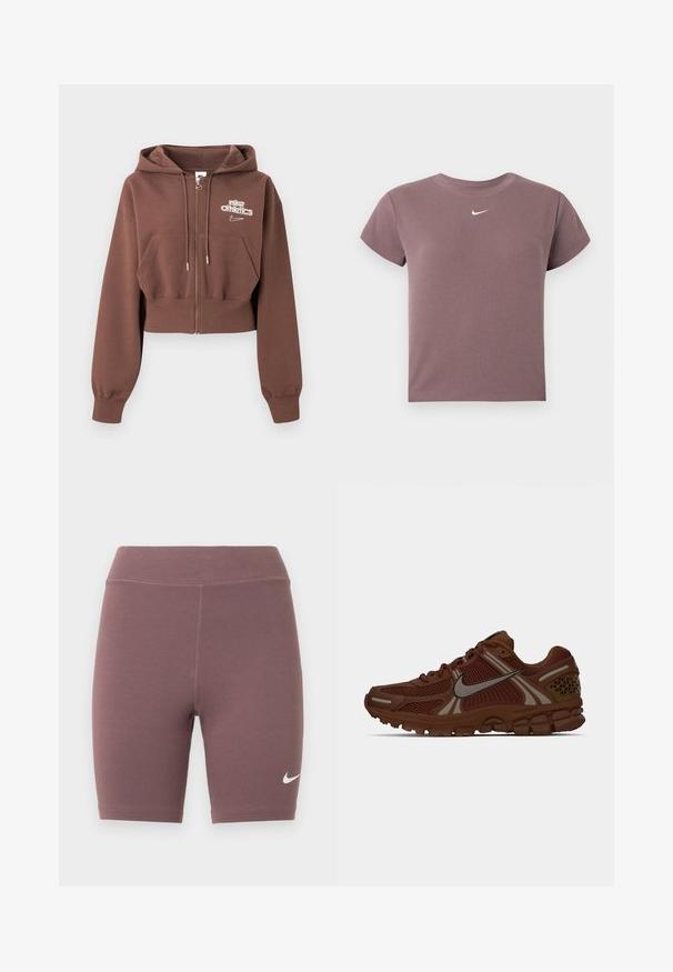 Brun cropped hættetrøje med lynlås, hætte, forlommer, snore og hvid "nike athletics"-logo på venstre bryst.; Mauve ribbet kortærmet crop top med rund hals og lille hvid Nike-logo centreret under halsudskæringen.; Bikershorts i en afdæmpet mauvefarve, lavet af elastisk stof. Har en høj talje og en lille hvid Nike swoosh-logo.; Brun Nike løbesko med mesh-paneler, gummisål og reflekterende swoosh-logo på siden, vist i højre profil.