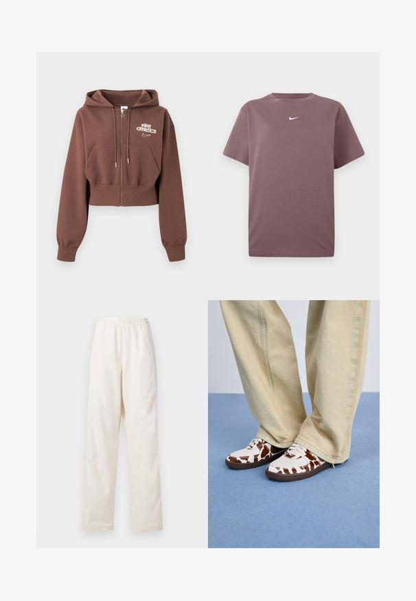 Pruun lühike lukuga kapuutsiga pusa, millel on kapuuts, esitaskud, paelad ja valge "nike athletics" logo vasakul rinnal.; Lilla lühikeste varrukatega T-särk, millel on valge Nike swoosh rinnal, esitatud valgel taustal.; Löödilt istuvad, elastse vöökohaga kreemivärvi püksid sirge sääre lõikega, esitletud tavalise valge tausta ees.; Valge ja pruun mustriga tossud, millel on võrk ja nahk, pruuni kummitaldaga. Kombineeritud heledate beežide laia säärega pükstega.
