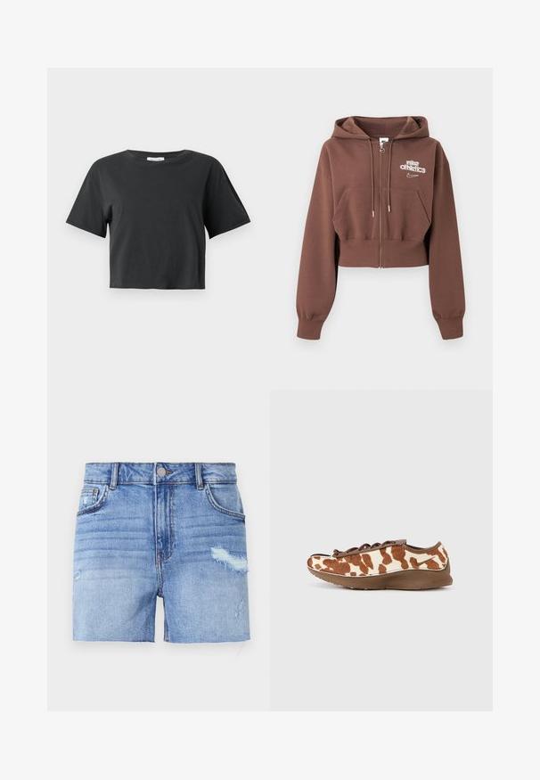 Pruun lühike lukuga kapuutsiga pusa, millel on kapuuts, esitaskud, paelad ja valge "nike athletics" logo vasakul rinnal.; Must musta lühikeste varrukatega T-särk ringikaelusega musta värviga, esitatud lihtsa valge tausta ees.; Heledsinine teksashorts, millel on kulunud viimistlus. Omab viit taskut, eesnupukinnitust ja sirget lõiget koos rebendiga äärega.; Pruunide ja kreemjate mustritega toss, pehme, tekstureeritud pealiskihiga ja sileda pruuni tallaga. Omab paelakinnitust ja õrna brändimist.