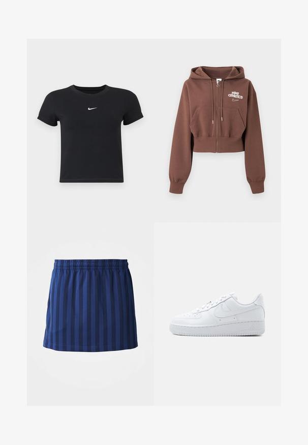 Hnedá skrátená mikina na zips s kapucňou, prednými vreckami, šnúrkami a bielym logom "nike athletics" na ľavej strane hrudníka.; Čierne tričko s krátkym rukávom vyrobené z bavlny s okrúhlym výstrihom. Obsahuje biele logo Nike na hrudi, minimalistický dizajn a priliehavý strih.; Námornícka modrá sukňa s vertikálnymi pruhmi, elastický pás, dĺžka po polovicu stehna, vyrobená z ľahkej tkaniny, hladká textúra.; Biela nízka teniska Nike Air Force 1 so šnurovaním, perforovanou špičkou a charakteristickým logom Swoosh na boku.