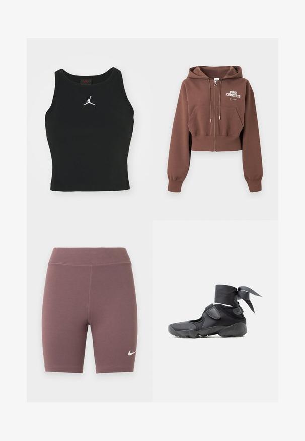 Sweat à capuche court marron avec fermeture éclair, capuche, poches avant, cordons de serrage et logo blanc "nike athletics" sur le côté gauche de la poitrine.; Débardeur noir ajusté en coton, avec un col rond et un logo Jordan blanc brodé au centre de l'avant. Texture lisse.; Shorts de cycliste de couleur mauve douce, fabriqués en tissu extensible. Présentent une taille haute et un petit logo swoosh blanc de Nike.; Chaussure de sport noire avec des découpes, des brides en velcro et un lacet autour de la cheville noué en un nœud, vue de côté sur un fond blanc.
