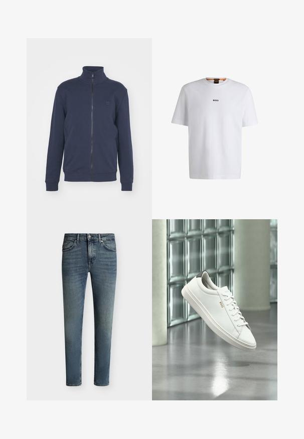 Marineblauer Zip-Hoodie mit hohem Kragen, gerippten Bündchen und Saum. Mit einem kleinen geprägten Logo auf der Brust, aus weichem Baumwoll-Mix gefertigt.; Weißes Baumwoll-T-Shirt mit kurzen Ärmeln, ausgestattet mit einem schwarzen "BOSS"-Logo, das mittig auf der Brust platziert ist, und einem runden Halsausschnitt.; Blau ausgewaschene Slim-Fit-Jeans mit fünf Taschen und Knopf- und Reißverschluss auf einfarbigem Hintergrund.; Weißer Leder-Low-Top-Sneaker mit Schnürsenkeln, schwarzer Fersenschlaufe und „BOSS“-Logo, der drinnen nahe einer Glassteinwand und einem polierten Boden schwebt.