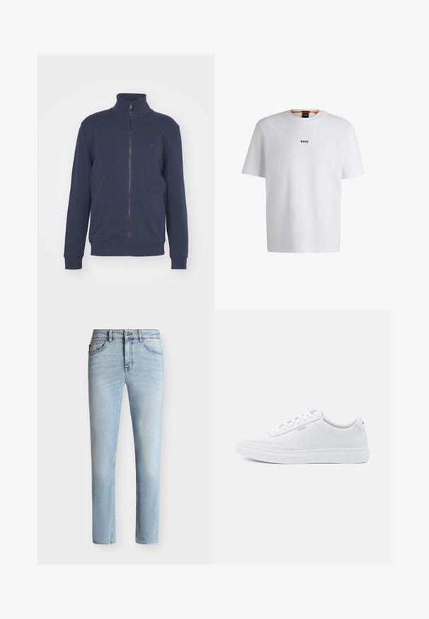 Sudadera con cremallera en color azul marino, con cuello alto, puños acanalados y dobladillo. Presenta un pequeño logo en relieve en el pecho, fabricada en una suave mezcla de algodón.; Camiseta de algodón blanca de manga corta, con un logotipo negro "BOSS" centrado en el pecho y un diseño de cuello redondo.; Vaqueros ajustados de denim azul claro con botón y cremallera delanteros, diseño de cinco bolsillos y sutil desgaste desde el muslo hasta la rodilla.; Zapatillas de cuero blanco con textura suave, puntera redondeada y costuras tonales. Cuentan con cordones azules y un logo dorado en el lateral.