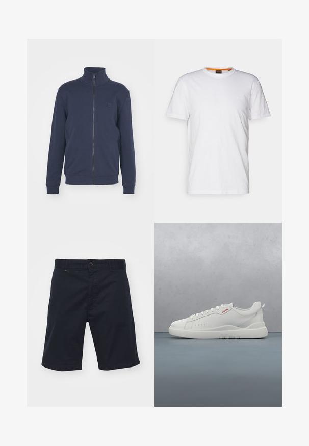 Marineblauer Zip-Hoodie mit hohem Kragen, gerippten Bündchen und Saum. Mit einem kleinen geprägten Logo auf der Brust, aus weichem Baumwoll-Mix gefertigt.; Weißes Baumwoll-T-Shirt mit Rundhalsausschnitt, kurzen Ärmeln und einem dezenten geprägten Logo auf der Brust. Das Innenschild hat einen orangefarbenen Akzent.; Navyblaue Baumwollshorts mit Knopfverschluss, geradem Schnitt und Seitentaschen. Sie verfügen über eine glatte Textur und ein schlichtes Design.; Weiße Sneaker aus glattem Leder, runde Spitze, vier Ösen, dezente Perforationen und ein rotes Logodetail an der Seite.