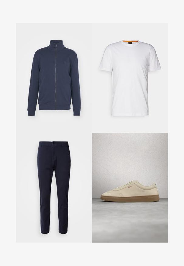 Sudadera con cremallera en color azul marino, con cuello alto, puños acanalados y dobladillo. Presenta un pequeño logo en relieve en el pecho, fabricada en una suave mezcla de algodón.; Camiseta de algodón blanca con cuello redondo, mangas cortas y un sutil logo en relieve en el pecho. La etiqueta interior tiene un acento naranja.; BOSS SANDERSON - Pantalones - dark blue; Zapatilla de ante beige claro con suela de goma color caramelo, cordones prominentes y detalles de costura sutiles. Diseño limpio con una estética minimalista.