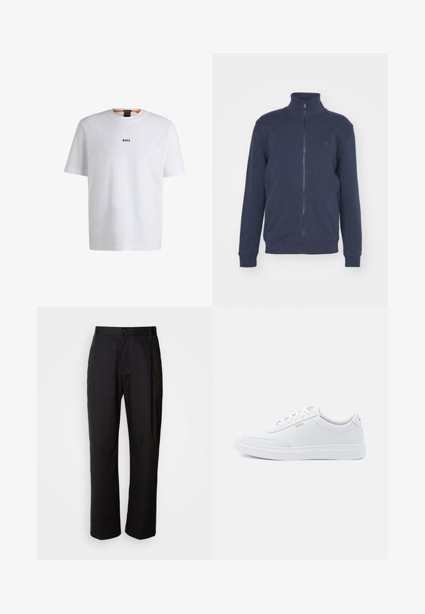 Marineblauer Zip-Hoodie mit hohem Kragen, gerippten Bündchen und Saum. Mit einem kleinen geprägten Logo auf der Brust, aus weichem Baumwoll-Mix gefertigt.; Weißes Baumwoll-T-Shirt mit kurzen Ärmeln, ausgestattet mit einem schwarzen "BOSS"-Logo, das mittig auf der Brust platziert ist, und einem runden Halsausschnitt.; Schwarze Hosen mit geradem Schnitt, aus leichtem Stoff gefertigt. Verfügt über einen vorderen Knopfverschluss und zwei seitliche Taschen; glatte Textur.; Weiße Leder-Sneaker mit glatter Textur, runder Zehenpartie und tonal abgestepptem Design. Mit blauen Schnürsenkeln und einem goldenen Logo an der Seite.