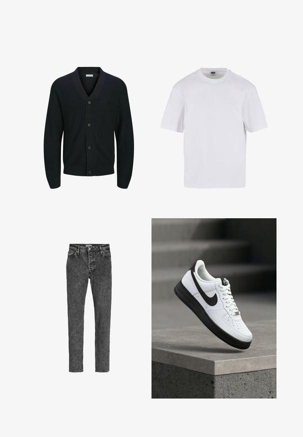 Cardigan en tricot noir avec un col en V, fermeture à cinq boutons à l'avant et texture côtelée. Les manches sont légèrement cintrées au niveau des poignets.; T-shirt blanc à manches courtes en coton. Il présente un col rond et une coupe décontractée. Texture lisse, design minimaliste, sans motifs ni accents.; Jack & Jones Relaxed Fit JJICHRIS JJORIGINAL SQ 734 - Jeans fuselé - black denim; Baskets en cuir blanc avec accents noirs, bout arrondi et détails perforés. Semelle en caoutchouc noire avec motif texturé et fermeture à lacets.