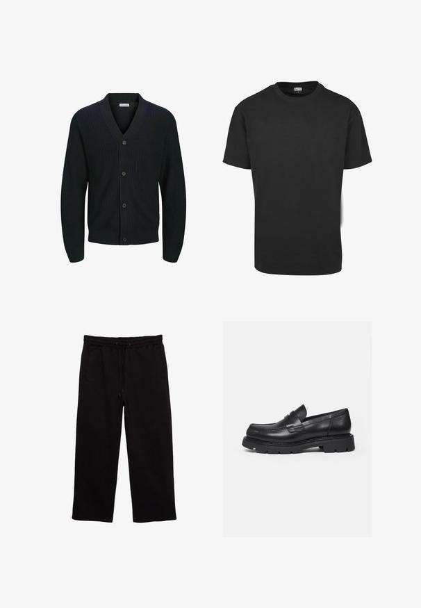 Sort strikket cardigan med V-hals, fem-knap lukning foran og ribbet tekstur. Ærmerne er let tilspidsede ved manchetten.; Sort bomuld t-shirt med korte ærmer, rund halsudskæring og almindelig pasform. Stoffet fremstår glat og uden pynt.; Sorte sweatpants lavet af blødt stof, med elastisk talje med snøre, to sidelommer og en afslappet pasform.; Sort læderloafer med tyk rillede sål og penny-remdetalje, vist i højre sideprofil på hvid baggrund.
