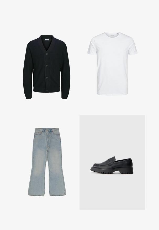 Sort strikket cardigan med V-hals, fem-knap lukning foran og ribbet tekstur. Ærmerne er let tilspidsede ved manchetten.; Rundhals kortærmet t-shirt i ensfarvet hvid, lavet af blød bomuld, har et simpelt design uden synlige mønstre eller detaljer.; Lyseblå, bredde jeans lavet af denim. Har fem lommer, en knaplukning og kontrastsying langs sømmene.; Sorte læder loafers med en rund tå, prydet med en dekorativ rem og en kraftig gummisål med dybe riller for grip.