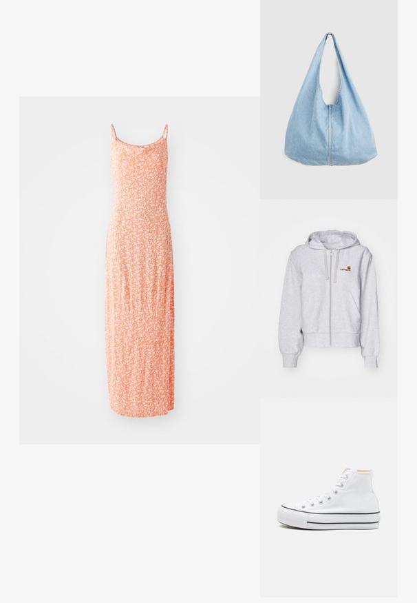 Haut de survêtement zippé gris clair en tissu doux, avec une coupe décontractée, des poches avant et un petit logo brodé sur la poitrine gauche.; Robe maxi en doux mélange de coton, de couleur orange clair avec un motif floral blanc, à fines bretelles et à la silhouette ajustée.; Baskets montantes blanches en toile, semelle en caoutchouc noir et bande noire contrastante sur la semelle intermédiaire. Bout rond et design à lacets.; Sac d'épaule en denim bleu clair avec une large bandoulière et une couture centrale visible, présenté sur un fond gris clair uni.