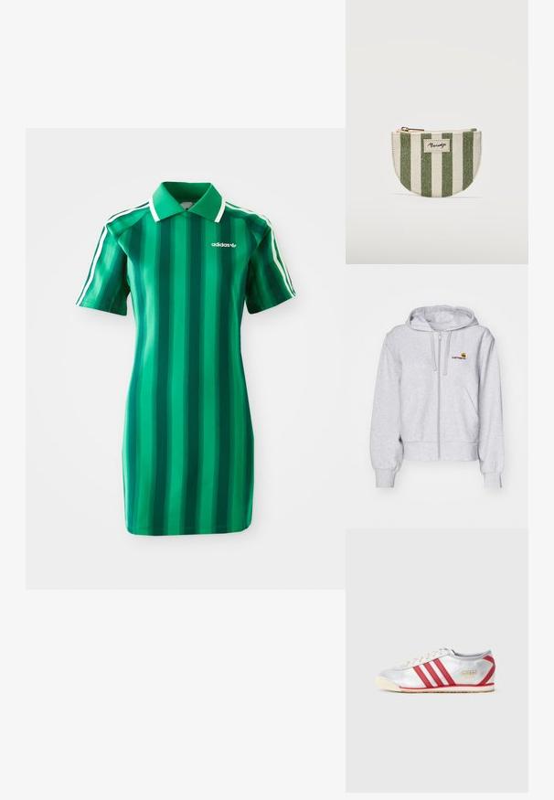 Heledhall hallidega, pehmest materjalist kapuutsiga särk, millel on lõdvestatud lõige, ees taskud ja väike tikitud logo vasakul rinnal.; Roheline triipude jaotusega polo kleit, mis on valmistatud pehmest kangast. Omab kraed, lühikesi varrukaid ja valget Adidas'i logo. Erineva varjundiga vertikaalsed triibud.; Adidase tossud, millel on hõbedane sünteetiline pealis, kolm punast triipu, beež tall ja kuldne logo külgedel, madala profiiliga disain.; Väike poolringikujuline mündikott vertikaalsete roheliste ja valgete triipudega ning peal lukuga.