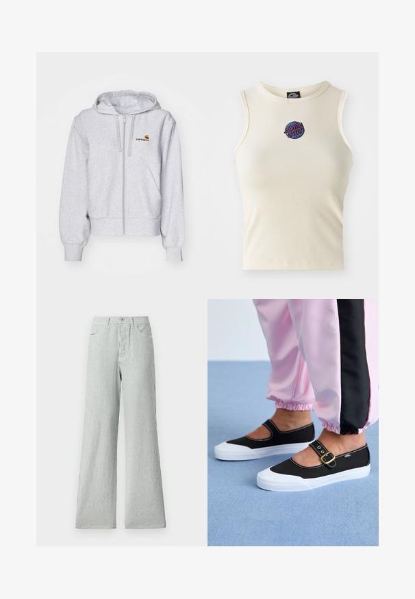 Lys grå zip-up hættetrøje lavet af blødt stof, med en afslappet pasform, forlommer og et lille broderet logo på venstre bryst.; Creme ribbet tanktop med rund hals og uden ærmer, med et broderet "Santa Cruz" logo i pink og blå på forsiden.; Stribede bukser med vidde lavet af letvægtsstof, prydet med lodrette blå og hvide striber, højt liv og frontlommer.; Sorte lærredssko med en hvid sål, der har et udskæringsdesign og et guldspænde. Bæret med lyserøde træningsbukser.