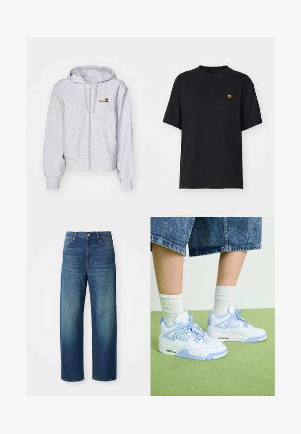 Hellgraue Zip-up Kapuzenjacke aus weichem Stoff, mit lockerer Passform, Fronttaschen und einem kleinen gestickten Logo auf der linken Brust.; Schwarzes Baumwoll-T-Shirt mit lockerer Passform. Hat einen Rundhalsausschnitt und kurze Ärmel. Enthält ein kleines, goldfarben gesticktes Logo auf der Brust.; Blaue Jeans aus Denim, weit geschnitten, mittelhoher Bund, dezente Ausbleichungen, im fünf-Taschen-Stil, mit Knopf- und Reißverschluss, gerader Saum.; Weiße und hellblaue Sneakers mit Netz-Akzenten, abgerundetem Zeh, Schnürsenkeln und einer Luftdämpfungseinheit, kombiniert mit weißen gerippten Socken und Jeansshorts.