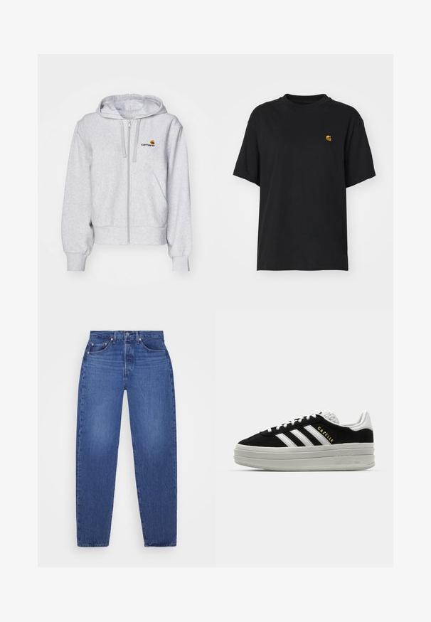 Lys grå zip-up hættetrøje lavet af blødt stof, med en afslappet pasform, forlommer og et lille broderet logo på venstre bryst.; Sort bomulds T-shirt med en afslappet pasform. Har en rund halsudskæring og korte ærmer. Inkluderer et lille guld broderet logo på brystet.; Blå denim jeans med lige ben, fem lommer, kobbernitter og en falmet tekstur. Klassisk talje med lynlåslukning.; Sort ruskind sneaker med hvide læderdetaljer, tre hvide striber, flade snørebånd og en tyk grå platformsål. Guldfarvet "Gazelle" branding.