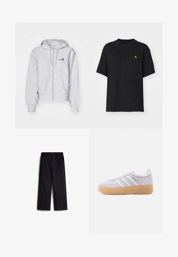 Lys grå zip-up hættetrøje lavet af blødt stof, med en afslappet pasform, forlommer og et lille broderet logo på venstre bryst.; Sort bomulds T-shirt med en afslappet pasform. Har en rund halsudskæring og korte ærmer. Inkluderer et lille guld broderet logo på brystet.; Sorte cargo bukser med elastisk talje, justerbart bælte og to sidelommer. Fremstillet af et let, struktureret stof.; Hvid ruskinds Adidas-sneaker med gumssål, tre hvide striber og "Spezial"-tekst på siden, vist fra den indvendige side.