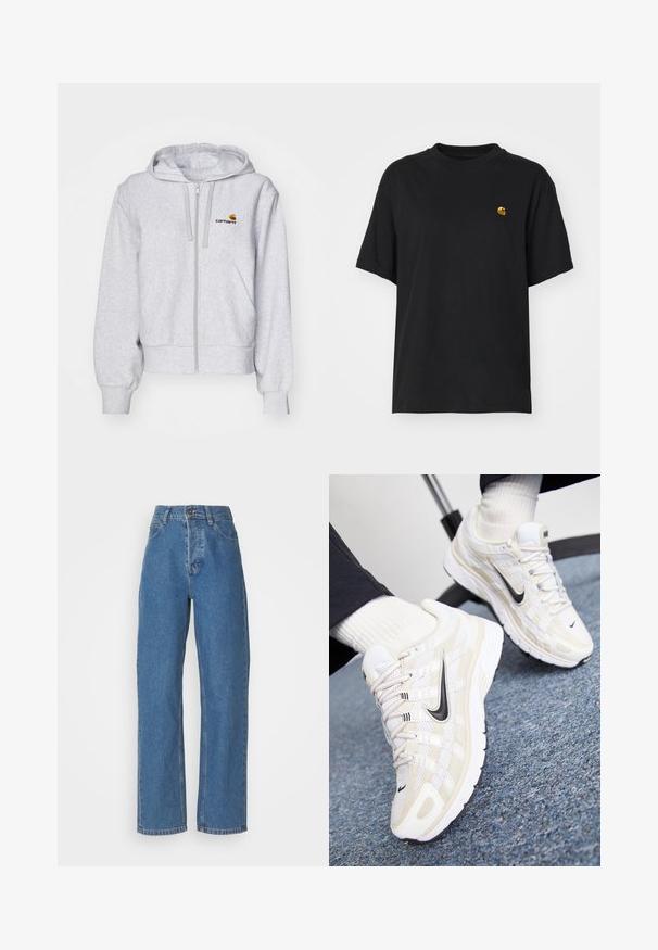 Hellgraue Zip-up Kapuzenjacke aus weichem Stoff, mit lockerer Passform, Fronttaschen und einem kleinen gestickten Logo auf der linken Brust.; Schwarzes Baumwoll-T-Shirt mit lockerer Passform. Hat einen Rundhalsausschnitt und kurze Ärmel. Enthält ein kleines, goldfarben gesticktes Logo auf der Brust.; Hoch taillierte, gerade geschnittene blaue Jeans mit einem verblassten Finish. Besitzt fünf Taschen, einen Knopfverschluss und dezente Nähte.; Weiße und beige Nike-Sneaker mit einem Obermaterial aus Mesh, strukturiertem Overlay, schwarzem Swoosh und einer gepolsterten Sohle mit rutschfester Außensohle.