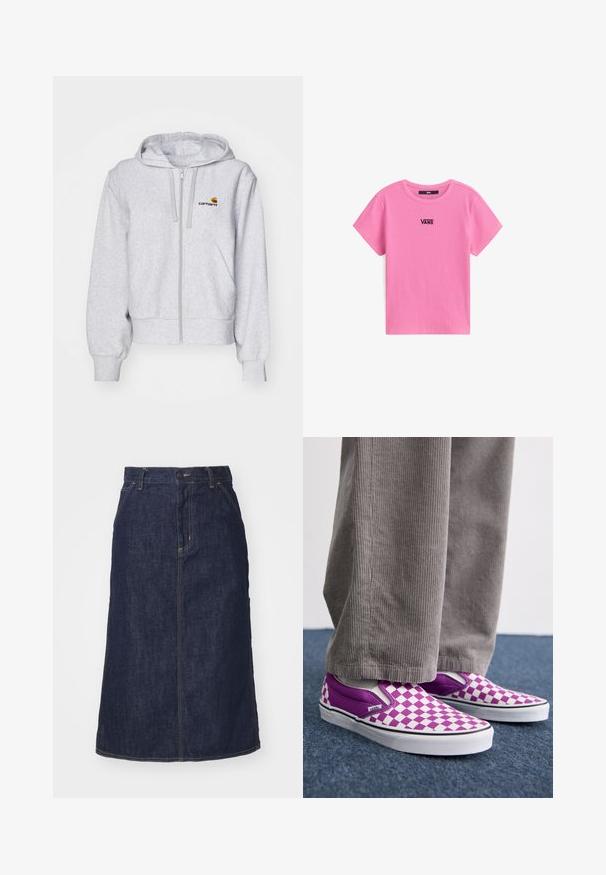 Lichtgrijze zip-up hoodie van zacht materiaal, met een relaxed fit, voorzakken en een klein geborduurd logo op de linkerborst.; Roze geribbelde t-shirt met korte mouwen, met een zwart Vans-logo op de borst en een ronde halslijn met eenvoudige randen.; Donkere spijkerrok met een hoge taille, recht gesneden, voorzakken en gestikte naden. Voorzien van een rits en knoopsluiting op de taille.; Paarse en witte schaakbord slip-on Vans schoenen, met een glad oppervlak en contrasterende zwarte rand, gecombineerd met een grijze corduroy broek.