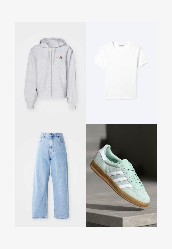 Lys grå zip-up hættetrøje lavet af blødt stof, med en afslappet pasform, forlommer og et lille broderet logo på venstre bryst.; Ensfarvet hvid t-shirt med korte ærmer og rund halsudskæring med en lille "WEEKDAY" label indeni halskanten, vist fladt på en lys baggrund.; Højhalset lysblå denimjeans med lige vide ben, frontknap, lynlås lukning samt front- og baglommer.; Adidas Gazelle sneakers i mintgrønt ruskind med hvide accenter, snørebåndslukning og en sål i gummigummi. Har tre hvide striber.