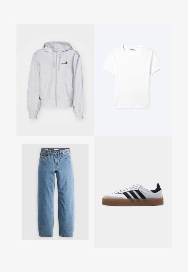 Lys grå zip-up hættetrøje lavet af blødt stof, med en afslappet pasform, forlommer og et lille broderet logo på venstre bryst.; Ensfarvet hvid t-shirt med korte ærmer og rund halsudskæring med en lille "WEEKDAY" label indeni halskanten, vist fladt på en lys baggrund.; Lysblå denim jeans med lige ben-design, fem lommer, lynlås og en subtil falmet tekstur. Klassisk stil med minimal hardware.; Hvide lædersneakers med sorte striber, gummirubber sål, rund tå, snørelukning og blød grå ruskinds tåhætte.