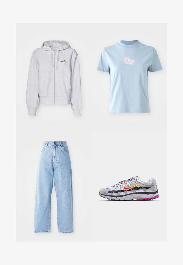 Lichtgrijze zip-up hoodie van zacht materiaal, met een relaxed fit, voorzakken en een klein geborduurd logo op de linkerborst.; Lichtblauw katoenen T-shirt met korte mouwen en een hoge hals, met een klein roze geborduurd schelpdierontwerp aan de voorkant.; Hogewaisted lichtblauwe denim jeans met rechte wijde pijpen, voorste knoop, ritssluiting en voor- en achterkant zakken.; Grijze mesh hardloopschoen met een opvallende roze en gele swoosh, zwarte accenten en een gestructureerde rubberen zool. Kenmerkt zich door een verstevigde neus en een gevoerde kraag.