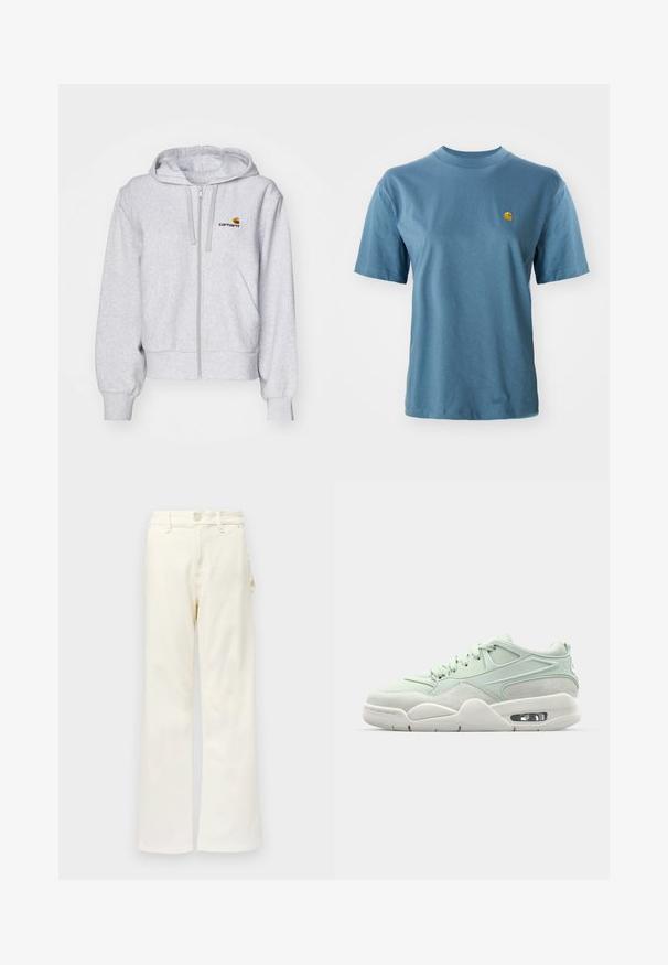 Sudadera con cremallera de color gris claro, fabricada en un tejido suave, con un corte relajado, bolsillos frontales y un pequeño logo bordado en el lado izquierdo del pecho.; Camiseta de algodón azul claro con mangas cortas y cuello redondo acanalado. Presenta un pequeño logo amarillo en el lado izquierdo del pecho como detalle.; Good American GOOD 90S CARPENTER - Pernera ancha - white denim; Zapatilla verde claro con una combinación de texturas de cuero suave y ante, que cuenta con un cuello acolchado, cordones y amortiguación de aire visible en la suela.