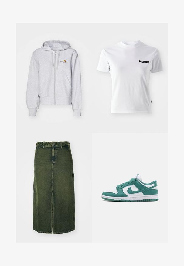 Ανοιχτό γκρι hoodie με φερμουάρ, κατασκευασμένο από μαλακό ύφασμα, με χαλαρή γραμμή, μπροστινές τσέπες και ένα μικρό κεντημένο λογότυπο στο αριστερό στήθος.; Λευκή κοντομάνικη μπλούζα από βαμβάκι με στρογγυλή λαιμόκοψη και μαύρο λογότυπο "DICKIES" στην αριστερή πλευρά του στήθους. Λείος υφασμάτινος χαρακτήρας και εφαρμοστή σχεδίαση.; Πράσινη τζιν φούστα σε μεσαίο μήκος, με μπροστινή σχισμή, κλείσιμο με κουμπί και θηλιές για ζώνη. Η υφή της είναι ελαφρώς ξεθωριασμένη, με πλάγιες τσέπες.; Nike Dunk Low παπούτσι σε λευκό και τιρκιζί χρώμα, με δερμάτινο άνω μέρος, επενδεδυμένο κολάρο, κορδόνια μπροστά και υφή από καουτσούκ σόλα.