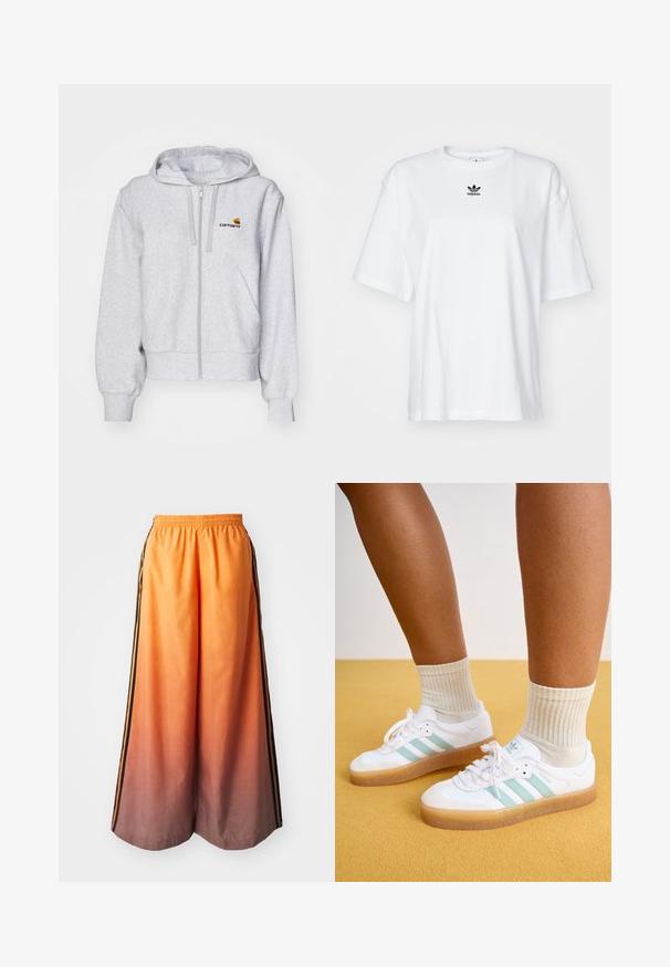 Hellgraue Zip-up Kapuzenjacke aus weichem Stoff, mit lockerer Passform, Fronttaschen und einem kleinen gestickten Logo auf der linken Brust.; Weißes T-Shirt mit kurzen Ärmeln aus Baumwolle. Verfügt über einen Rundhalsausschnitt und ein kleines schwarzes Adidas-Logo auf der Brust. Gerader Saum.; Orangene Gradient-Hosen mit weitem Bein und einem schwarzen Seitestreifen, ausgestattet mit einem elastischen Taillenbund und leichtem Material.; Weiße Sneaker mit mintgrünen Streifen, Gummisohle und Schnürsenkeln, kombiniert mit gerippten cremefarbenen Socken. Vor einem gelben Hintergrund.