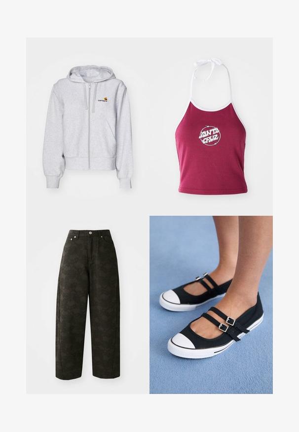 Heledhall hallidega, pehmest materjalist kapuutsiga särk, millel on lõdvestatud lõige, ees taskud ja väike tikitud logo vasakul rinnal.; Bordoo halter-suurusega crop top valge äärega, millel on ümmargune logo "Santa Cruz" valge tekstiga, valmistatud ribakudumisest puuvillamaterjalist.; Tumedad rohelised laiad püksid, millel on tekstuurne lillemuster, viie tasku disain ja metallist nupud vööl.; Mustad mustad kingad, millel on kaks reguleeritavat rihma, valge kautšukist varvasenurk ja tekstuuriga külg, sinise tausta ees.