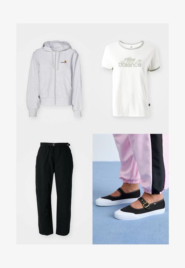 Haut de survêtement zippé gris clair en tissu doux, avec une coupe décontractée, des poches avant et un petit logo brodé sur la poitrine gauche.; T-shirt en coton blanc avec des bords gris, arborant un motif floral et le texte "new balance" en vert clair. Manches courtes, coupe standard.; Pantalons légers noirs avec une taille élastique et une ceinture ajustable. Dotés de jambes fuselées et de panneaux de genoux renforcés pour plus de durabilité.; Baskets noires en toile avec une semelle blanche, présentant un design découpé et une sangle en boucle dorée. Portées avec un pantalon de survêtement rose.