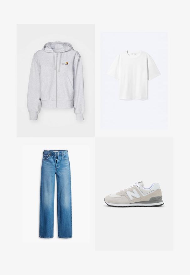 Sudadera con cremallera de color gris claro, fabricada en un tejido suave, con un corte relajado, bolsillos frontales y un pequeño logo bordado en el lado izquierdo del pecho.; Camiseta blanca de manga corta con cuello redondo y dobladillo recto, con etiqueta de la marca "WEEKDAY" dentro del escote.; Vaqueros de mezclilla azul con una cintura alta, diseño de pierna ancha y estilo de cinco bolsillos. Presenta una cremallera de botón y un acabado deslavado.; Zapatillas de color beige claro que combinan materiales de ante y malla. El diseño incluye un logotipo blanco prominente y acentos grises. Suela de goma.