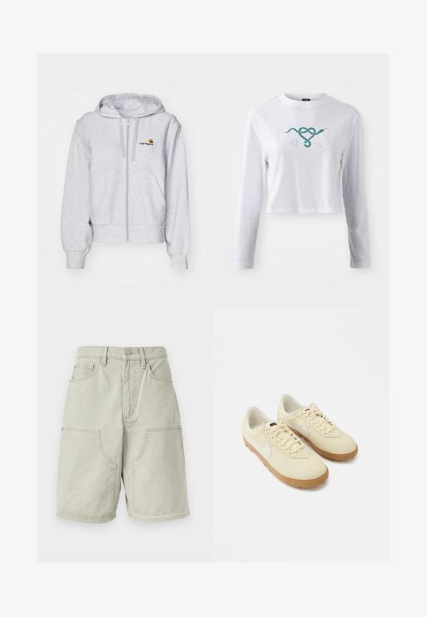Ανοιχτό γκρι hoodie με φερμουάρ, κατασκευασμένο από μαλακό ύφασμα, με χαλαρή γραμμή, μπροστινές τσέπες και ένα μικρό κεντημένο λογότυπο στο αριστερό στήθος.; Άσπρη κοντομάνικη μπλούζα με μακριά μανίκια από βαμβάκι, με γραφικό σχέδιο ενός πράσινου φιδιού που είναι διαπλεκόμενο με σχέδιο ενός κλειδιού στο μπροστινό μέρος.; Ανοιχτό γκρι τζιν σορτς με κουμπί και φερμουάρ μπροστά, θηλιές για ζώνη, δύο μπροστινές τσέπες, πλαϊνές τσέπες και μήκος μέχρι το γόνατο.; Ανοιχτό μπεζ αθλητικά παπούτσια Nike με λείο δερμάτινο επάνω μέρος, κλείσιμο με κορδόνια και καουτσούκ σόλα σε χρώμα καραμέλας. Διαθέτουν αντίθετο λευκό λογότυπο swoosh.