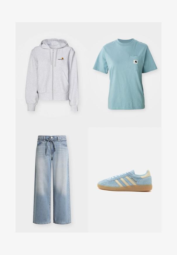 Haut de survêtement zippé gris clair en tissu doux, avec une coupe décontractée, des poches avant et un petit logo brodé sur la poitrine gauche.; T-shirt en coton léger bleu clair à manches courtes avec poche poitrine affichant un petit patch logo Carhartt noir et blanc.; Jeans larges bleu clair avec délavage sur les cuisses, fermeture par bouton frontal et zip, passants pour ceinture, et cordon noué à la taille.; Baskets Adidas en daim bleu clair avec des bandes beiges et un empiècement au talon, semelle en gomme et marquage "SPEZIAL" sur le côté.