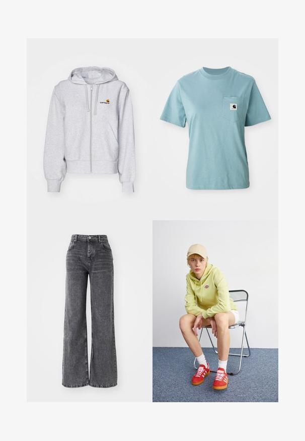 Lys grå zip-up hættetrøje lavet af blødt stof, med en afslappet pasform, forlommer og et lille broderet logo på venstre bryst.; Lyseblå kortærmet bomulds T-shirt med brystlomme og et lille sort-hvidt Carhartt logo patch.; Bredde ben grå denim bukser med høj talje, der har traditionel fem-lomme styling og en subtil falmet finish.; Lysegrøn hættetrøje med logo, hvide shorts, røde sneakers med hvide striber, siddende på en krom foldebænk mod en neutral baggrund.