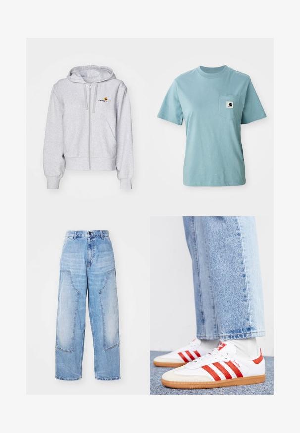 Lys grå zip-up hættetrøje lavet af blødt stof, med en afslappet pasform, forlommer og et lille broderet logo på venstre bryst.; Lyseblå kortærmet bomulds T-shirt med brystlomme og et lille sort-hvidt Carhartt logo patch.; Lysblå denim bredbenede bukser med to store forlommer, en knaplukning og subtil falming. Syninger på lommedetaljerne.; Hvide lædersneakers med røde striber og accenter. Har en tekstureret gummisål og polstret krave. Bæres med lyseblå denim.