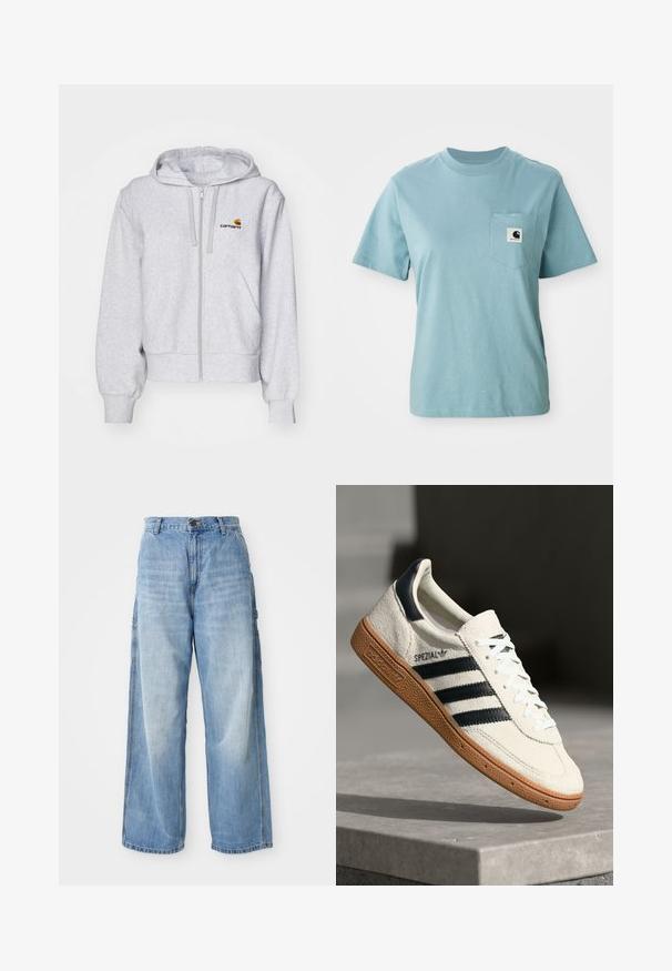Lichtgrijze zip-up hoodie van zacht materiaal, met een relaxed fit, voorzakken en een klein geborduurd logo op de linkerborst.; Lichtblauw katoenen T-shirt met korte mouwen en een borstzak, voorzien van een klein zwart-wit Carhartt logo patch.; Lichtblauwe wijde jeans met een hoge taille, voorzien van zijzakken en een vervaagde textuur, vervaardigd uit denim materiaal.; Witte suède sneakers met marineblauwe strepen, rubberen gumzool, gestructureerde bovenkant, ronde neus en veters; heeft branding aan de zijkant en op de tong.