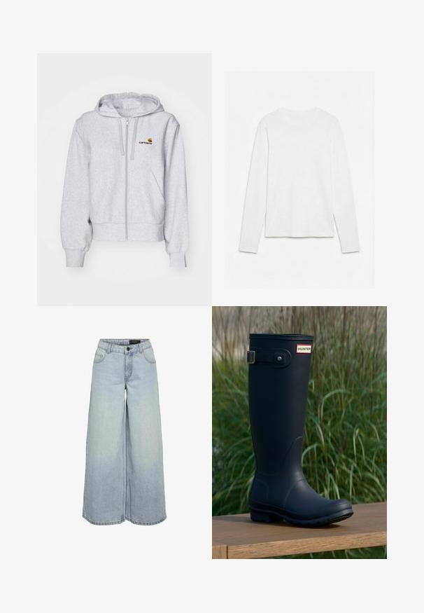 Lys grå zip-up hættetrøje lavet af blødt stof, med en afslappet pasform, forlommer og et lille broderet logo på venstre bryst.; Helt hvid langærmet t-shirt med rund hals lagt fladt på en hvid overflade, der viser fronten og hele ærmelængden.; Lyseblå vidde-benet denimjeans med frontknap og lynlås, bæltestropper og forlommer.; Marine gummistøvle med rund tå, tekstureret overflade, justerbar spænde detaljer og Hunter-logo nær toppen. Stabilt sål med mønster.
