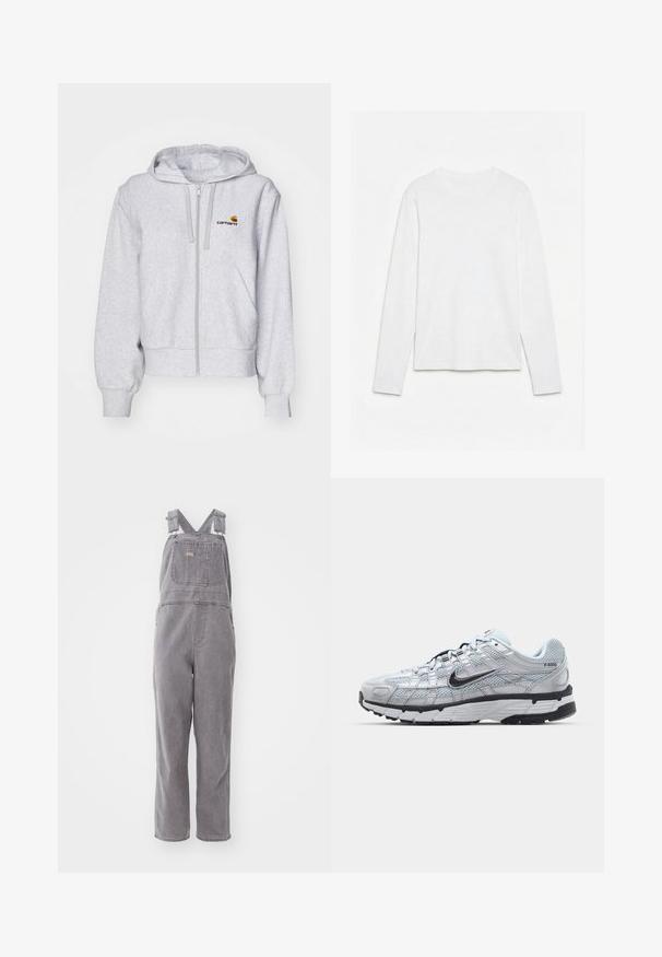 Sudadera con cremallera de color gris claro, fabricada en un tejido suave, con un corte relajado, bolsillos frontales y un pequeño logo bordado en el lado izquierdo del pecho.; Camiseta blanca lisa de manga larga con cuello redondo, extendida sobre una superficie blanca, mostrando el frente y la longitud completa de la manga.; Overoles de mezclilla gris con tirantes ajustables, un bolsillo frontal y un ajuste relajado. Cuenta con piernas de corte recto y un color sólido en toda la prenda.; Zapatillas Nike P-6000 con parte superior de malla gris claro, acentos negros y suela de goma negra duradera. Presentan un diseño intrincado y un sistema de cordones.