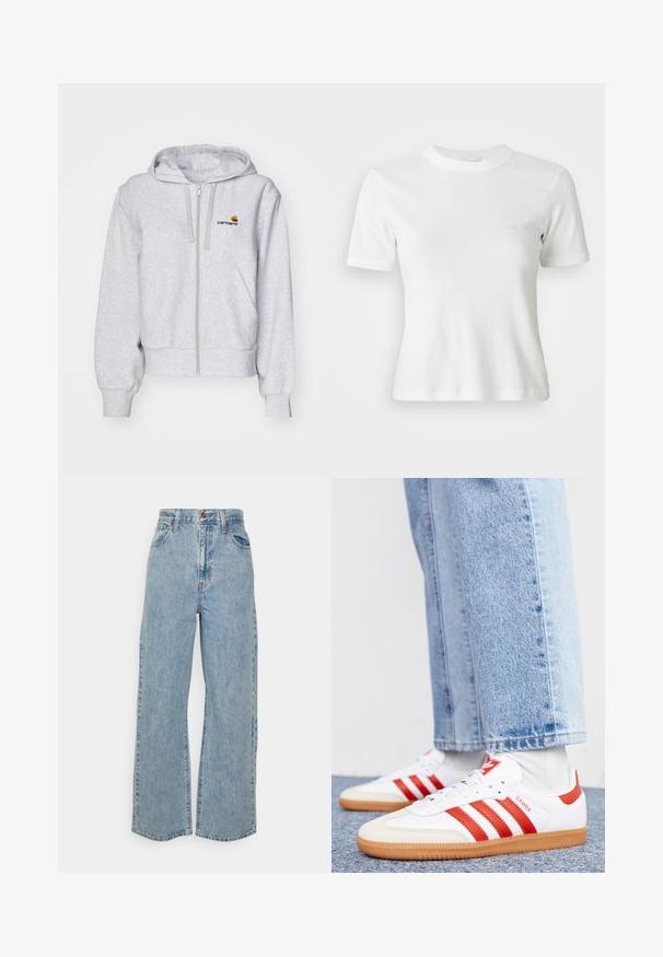 Lichtgrijze zip-up hoodie van zacht materiaal, met een relaxed fit, voorzakken en een klein geborduurd logo op de linkerborst.; Witte gestreepte t-shirt met korte mouwen, een ronde halslijn en een klein logo op de borst. Gemaakt van zachte stof met een getailleerd ontwerp.; Lichtblauwe wijde denim jeans met hoge taille, sluiting met voorknop en rits, en vijfzakkenontwerp op een effen achtergrond.; Witte leren sneakers met rode strepen en accenten. Voorzien van een getextureerde gumrubberen outsole en een gevoerde kraag. Draag ze met lichtblauwe denim.