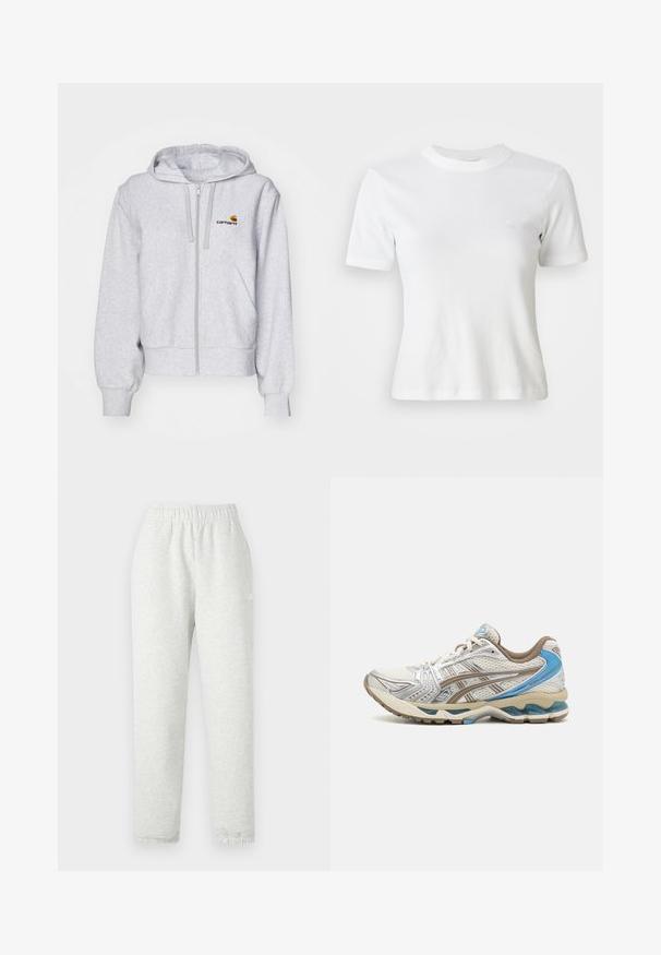 Lys grå zip-up hættetrøje lavet af blødt stof, med en afslappet pasform, forlommer og et lille broderet logo på venstre bryst.; Hvid ribbet kortærmet T-shirt med rund halsudskæring og et lille logo på brystet. Lavet af blødt stof med en tætsiddende pasform.; Lys grå sweatpants med elastisk talje, tapered ben og ribbede manchetter. Fremstillet af et blødt, tekstureret stof. Hvid logo detalje på siden.; Hvid og beige løbesko med blå accenter, netoverdel, polstret sål og snørelukning, vist fra ydersiden.