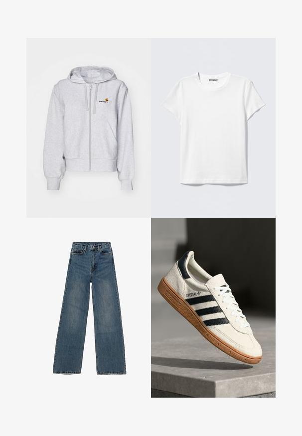 Sudadera con cremallera de color gris claro, fabricada en un tejido suave, con un corte relajado, bolsillos frontales y un pequeño logo bordado en el lado izquierdo del pecho.; Camiseta blanca lisa de manga corta y cuello redondo con una etiqueta "WEEKDAY" en el interior del cuello, mostrada sobre un fondo gris claro.; Jeans de mezclilla azul de pierna ancha con cintura alta, cinco bolsillos y costuras en contraste. Desvanecimientos y ligerasImperfecciones visibles en la tela.; Zapatilla de ante blanca con franjas en azul marino, suela de goma, parte superior texturizada, puntera redonda y cordones; presenta una marca en el lateral y en la lengüeta.