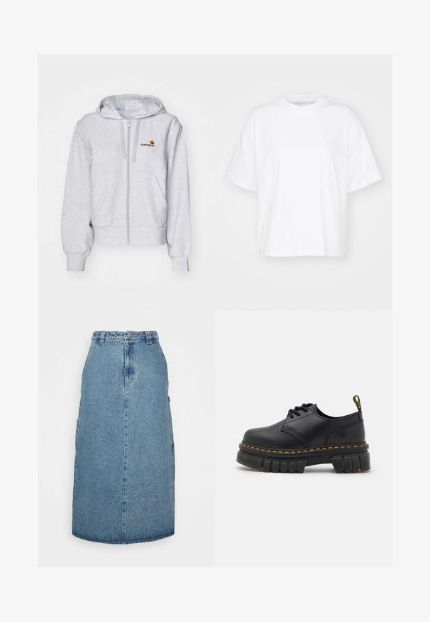 Lys grå zip-up hættetrøje lavet af blødt stof, med en afslappet pasform, forlommer og et lille broderet logo på venstre bryst.; Hvid bomulds t-shirt med rund hals, korte ærmer og en afslappet pasform. Har et diskret logo på venstre brystområde. Glat tekstur.; Obey Clothing JUNIPER MIDI SKIRT - A-snit nederdel - stonewash indigo; Sorte lædersko med en tyk, struktureret sål. Funktioner inkluderer gule syninger, rund tå og en løftekant på hælen.
