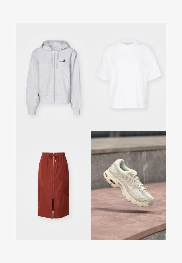 Lichtgrijze zip-up hoodie van zacht materiaal, met een relaxed fit, voorzakken en een klein geborduurd logo op de linkerborst.; Witte katoenen t-shirt met een ronde hals, korte mouwen en een ontspannen pasvorm. Heeft een subtiel logo op het linkerborstgedeelte. Zachte textuur.; Mid-length rok in terracotta rood, met een rits aan de voorkant, een elastische tailleband met trekkoord en zijzakken met een geometrisch ontwerp.; Lichtbeige sportschoen met een bovenwerk van mesh, een afgeronde neus en een gestructureerde middenzool. Voorzien van een gevoerde kraag en veters met een subtiel logo.