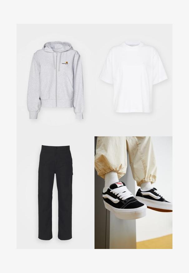 Ανοιχτό γκρι hoodie με φερμουάρ, κατασκευασμένο από μαλακό ύφασμα, με χαλαρή γραμμή, μπροστινές τσέπες και ένα μικρό κεντημένο λογότυπο στο αριστερό στήθος.; Λευκή βαμβακερή μπλούζα με στρογγυλή λαιμόκοψη, κοντά μανίκια και άνετη εφαρμογή. Διαθέτει μια διακριτική λογότυπο στην αριστερή περιοχή του στήθους. Λείος υφή.; Μαύρο βαμβακερό παντελόνι με ίσια γραμμή, κλείσιμο με κουμπί και θηλιές για ζώνη. Διαθέτει κλασικό σχέδιο χωρίς ορατές τσέπες.; Άτομο που φοράει μαύρα και λευκά Vans sneakers με λευκά κορδόνια, λευκές κάλτσες και μπεζ παντελόνι με ελαστικές μανσέτες.